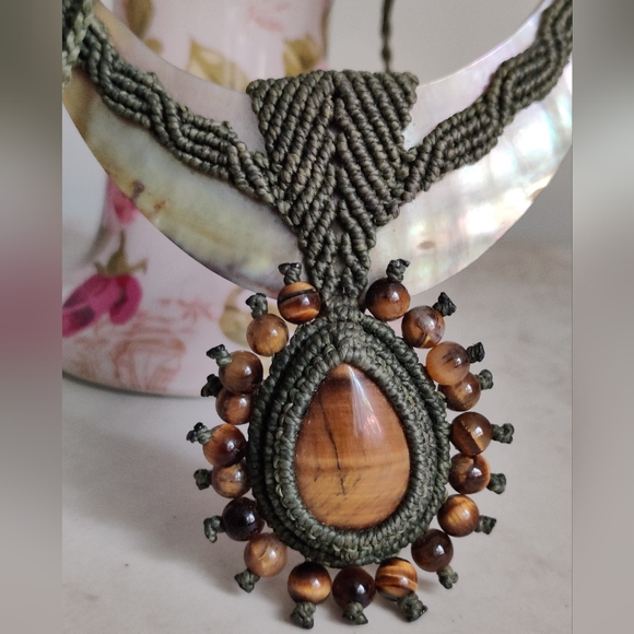 OOAK Artisan Macrame Necklace with Genuine Mother of Pearl and Tiger Eye Stones - Picture 12 of 13